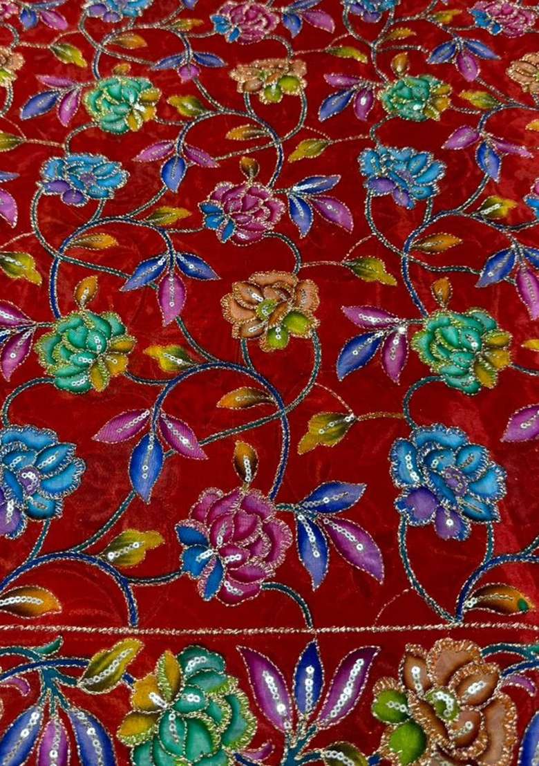 Deep Red Floral Print Crepe Kurta Set - Indya