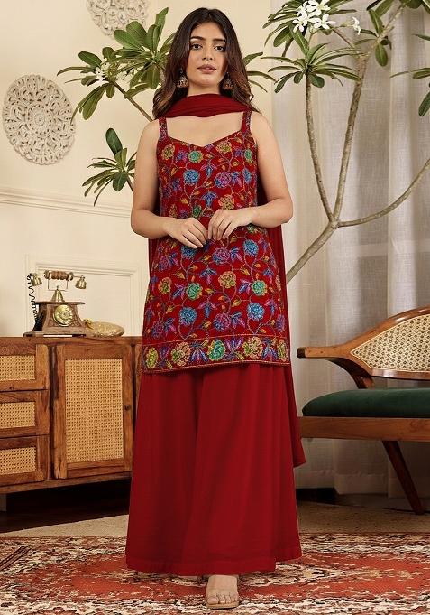 Deep Red Floral Print Crepe Kurta Set