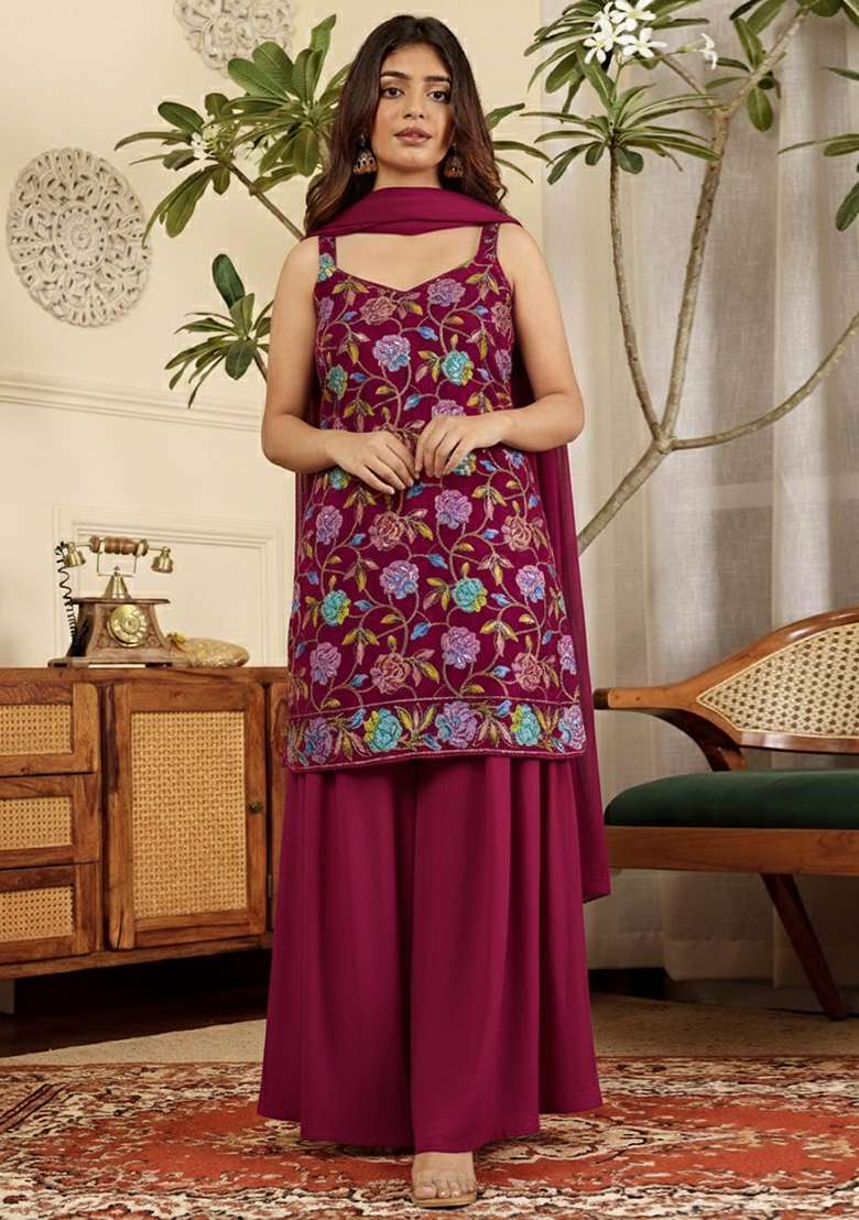 Rani Pink Floral Print Crepe Kurta Set - Indya