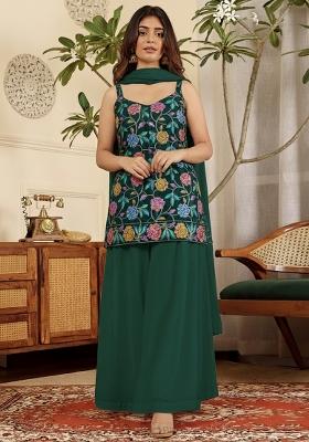 Bottle Green Floral Print Crepe Kurta Set
