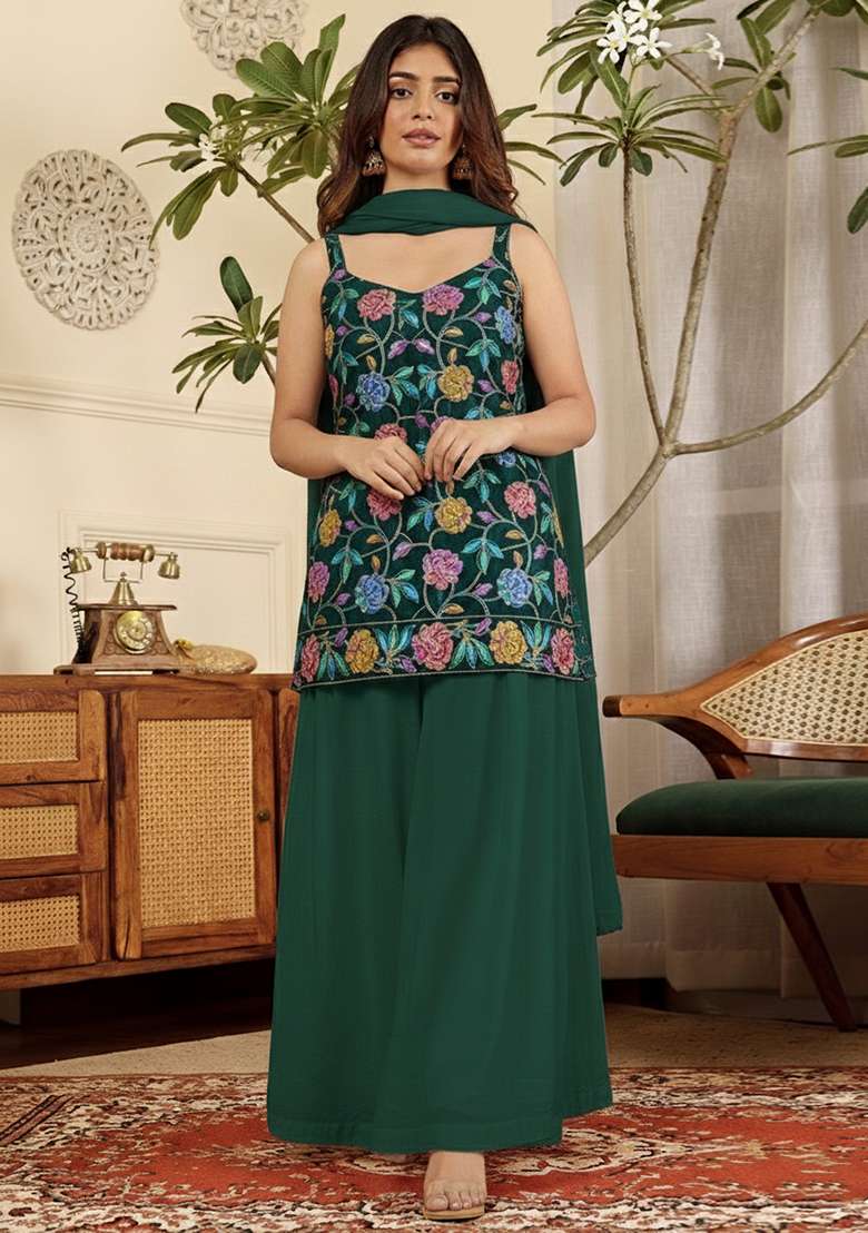 Bottle Green Floral Print Crepe Kurta Set - Indya