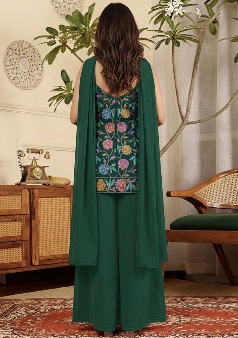 Bottle Green Floral Print Crepe Kurta Set - Indya