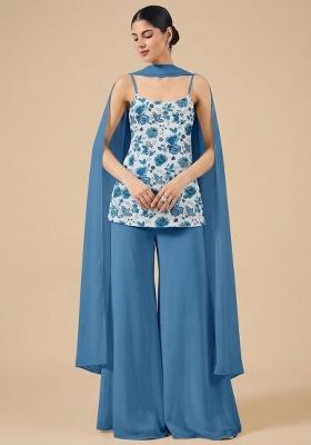 Steel Blue Floral Print Crepe Sharara Set