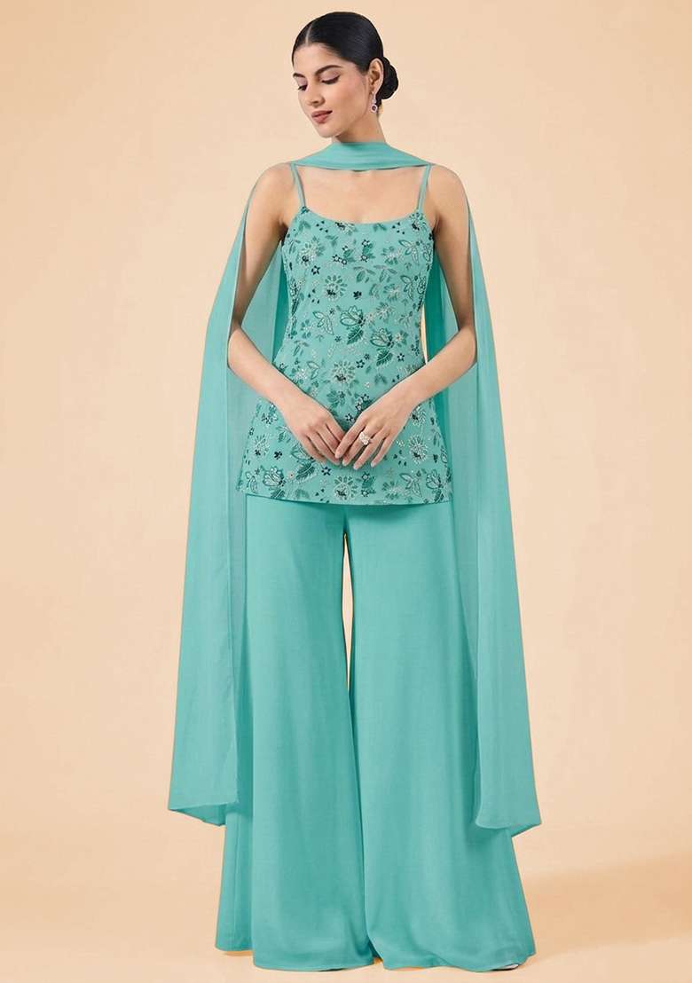 Sky Blue Floral Print Crepe Sharara Set - Indya