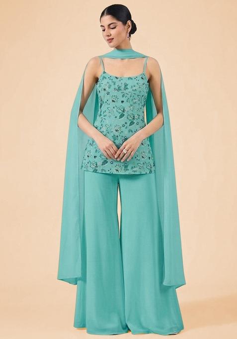 Sky Blue Floral Print Crepe Sharara Set