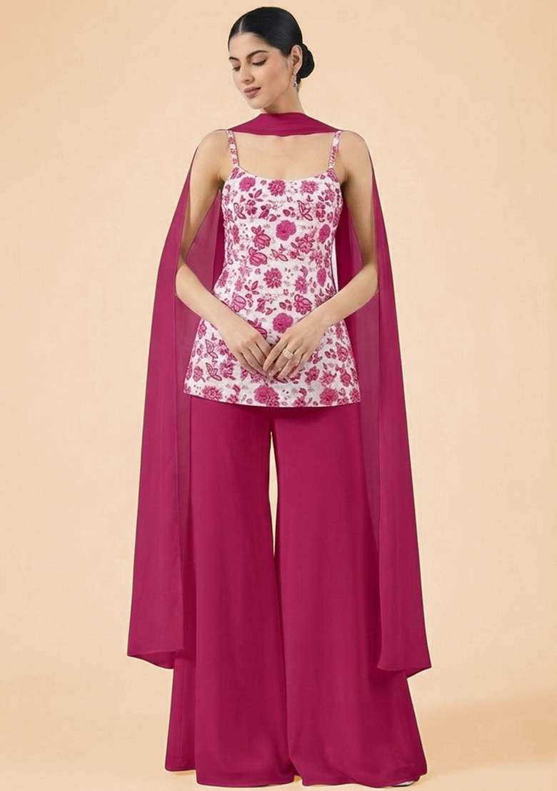 Rani Pink Floral Print Crepe Sharara Set - Indya