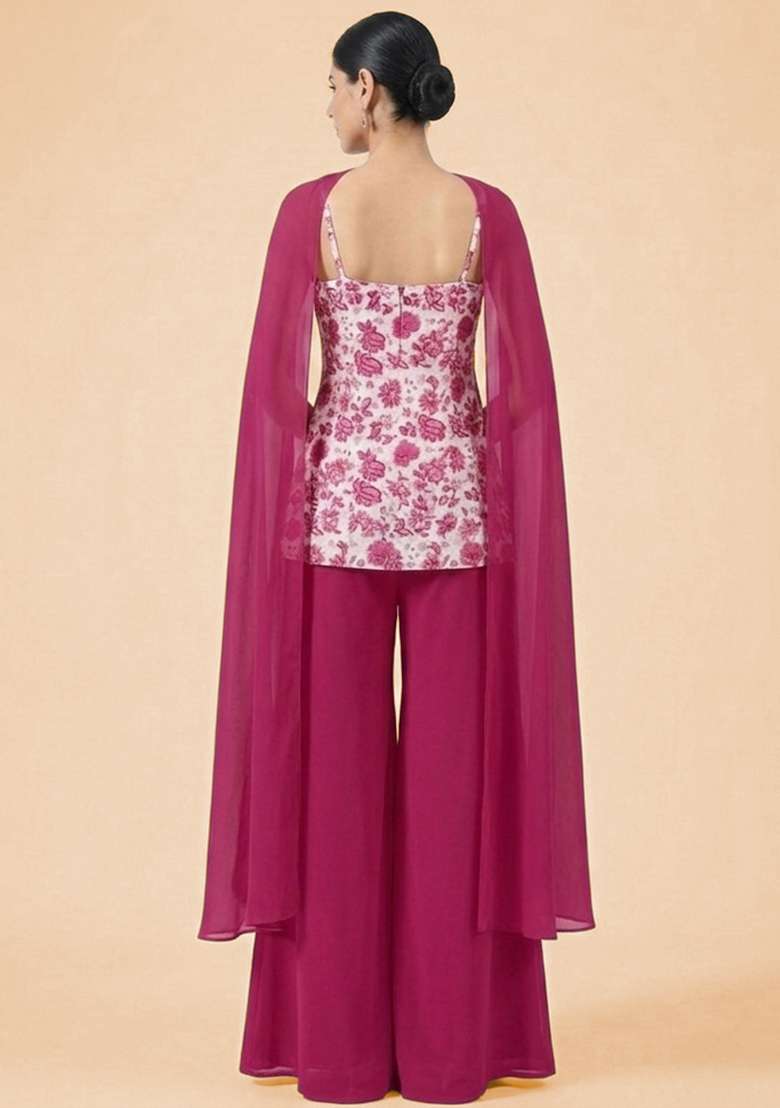 Rani Pink Floral Print Crepe Sharara Set - Indya