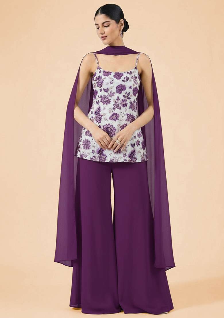 Purple Floral Print Crepe Sharara Set - Indya