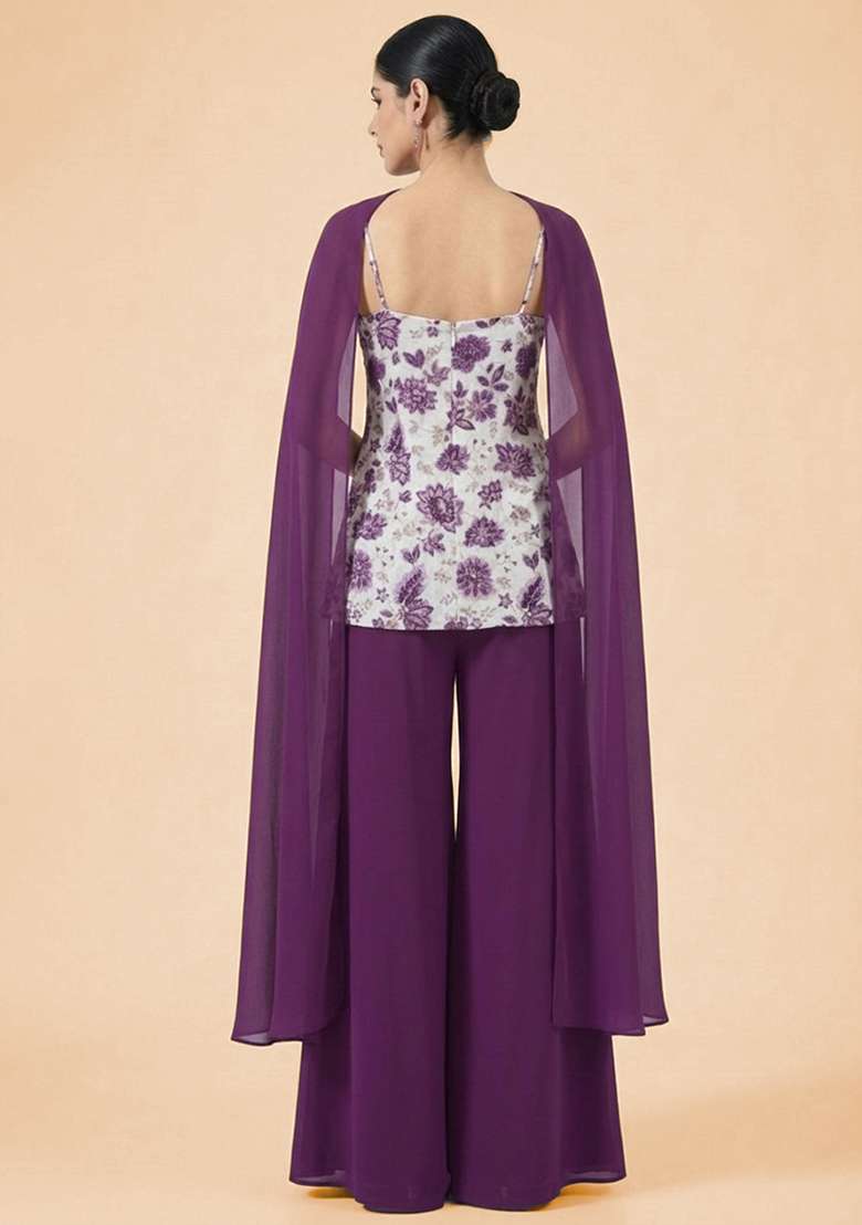 Purple Floral Print Crepe Sharara Set - Indya