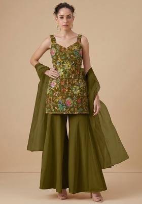 Olive Green Floral Print Crepe Sharara Set