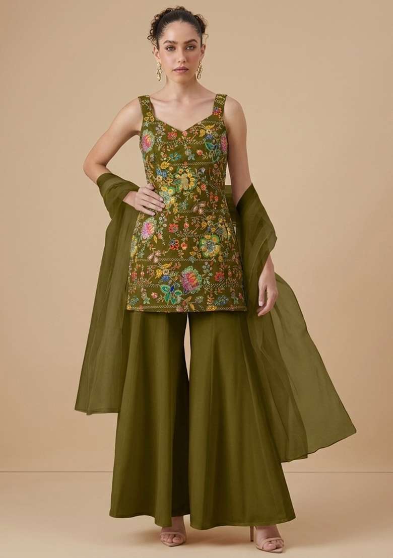 Olive Green Floral Print Crepe Sharara Set - Indya