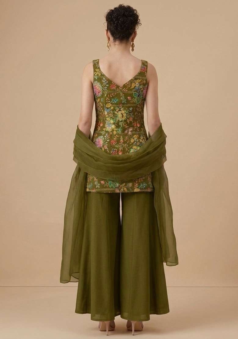 Olive Green Floral Print Crepe Sharara Set - Indya