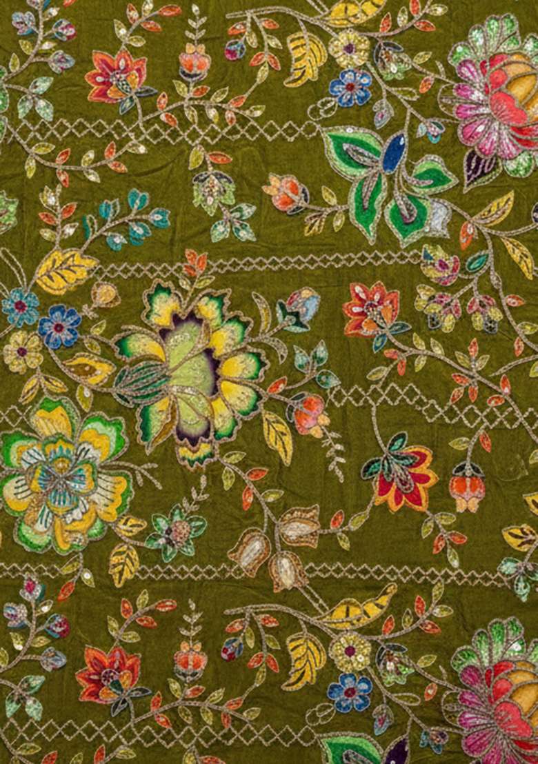 Olive Green Floral Print Crepe Sharara Set - Indya
