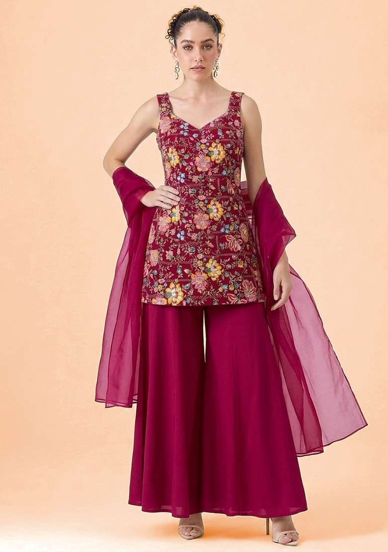 Rani Pink Floral Print Crepe Sharara Set - Indya