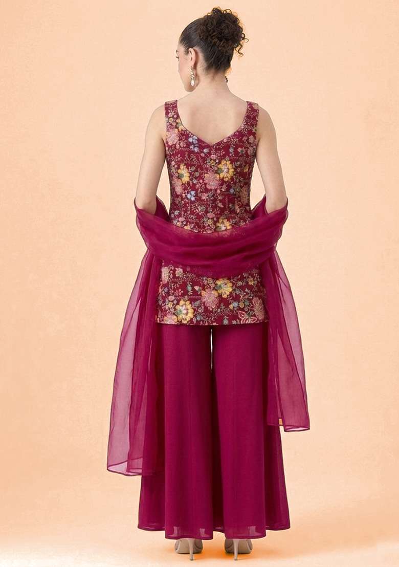 Rani Pink Floral Print Crepe Sharara Set - Indya