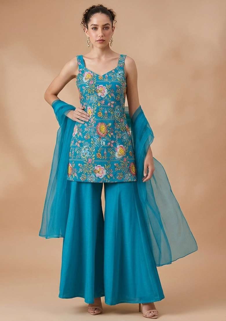 Aqua Blue Floral Print Crepe Sharara Set - Indya