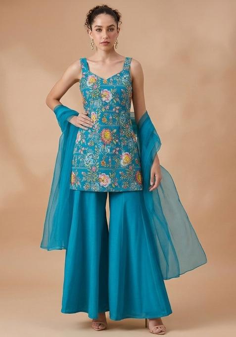 Aqua Blue Floral Print Crepe Sharara Set