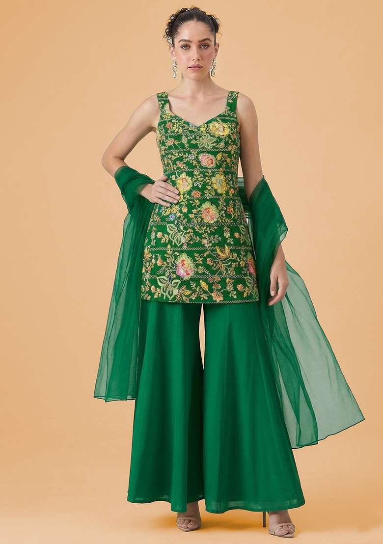 Bottle Green Floral Print Crepe Sharara Set - Indya
