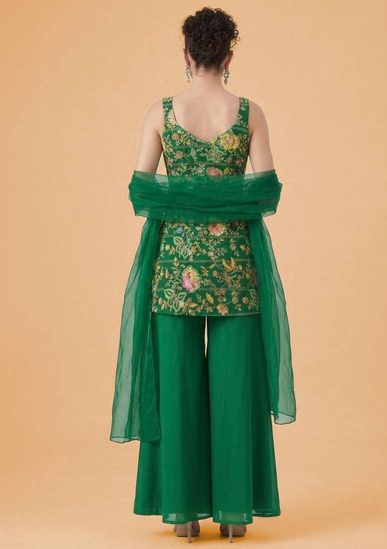Bottle Green Floral Print Crepe Sharara Set - Indya