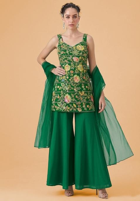 Bottle Green Floral Print Crepe Sharara Set
