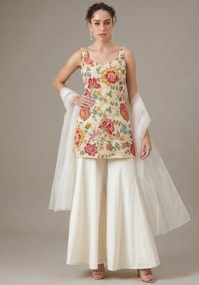 Cream Floral Print Crepe Sharara Set