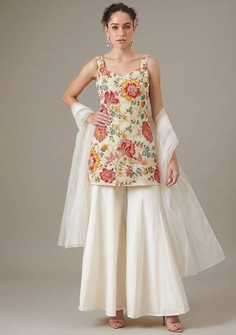 Cream Floral Print Crepe Sharara Set - Indya