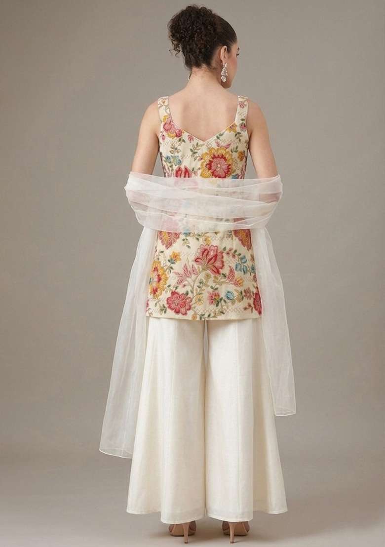 Cream Floral Print Crepe Sharara Set - Indya