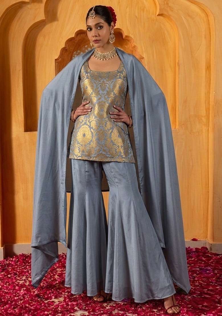Slate Grey Brocade Sharara Set - Indya