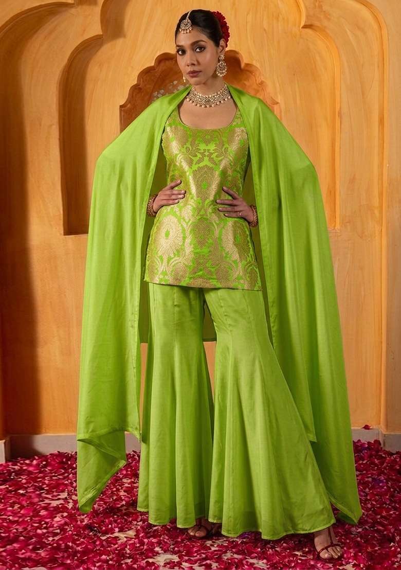 Olive Green Brocade Sharara Set - Indya