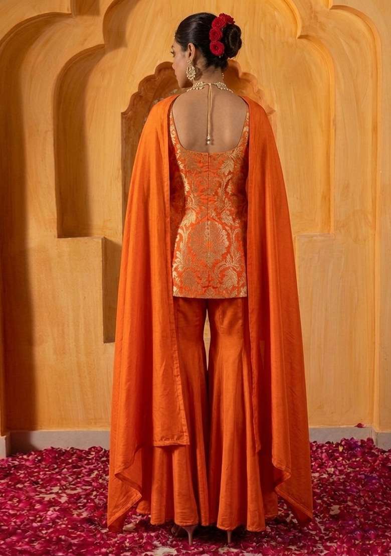 Orange Brocade Sharara Set - Indya
