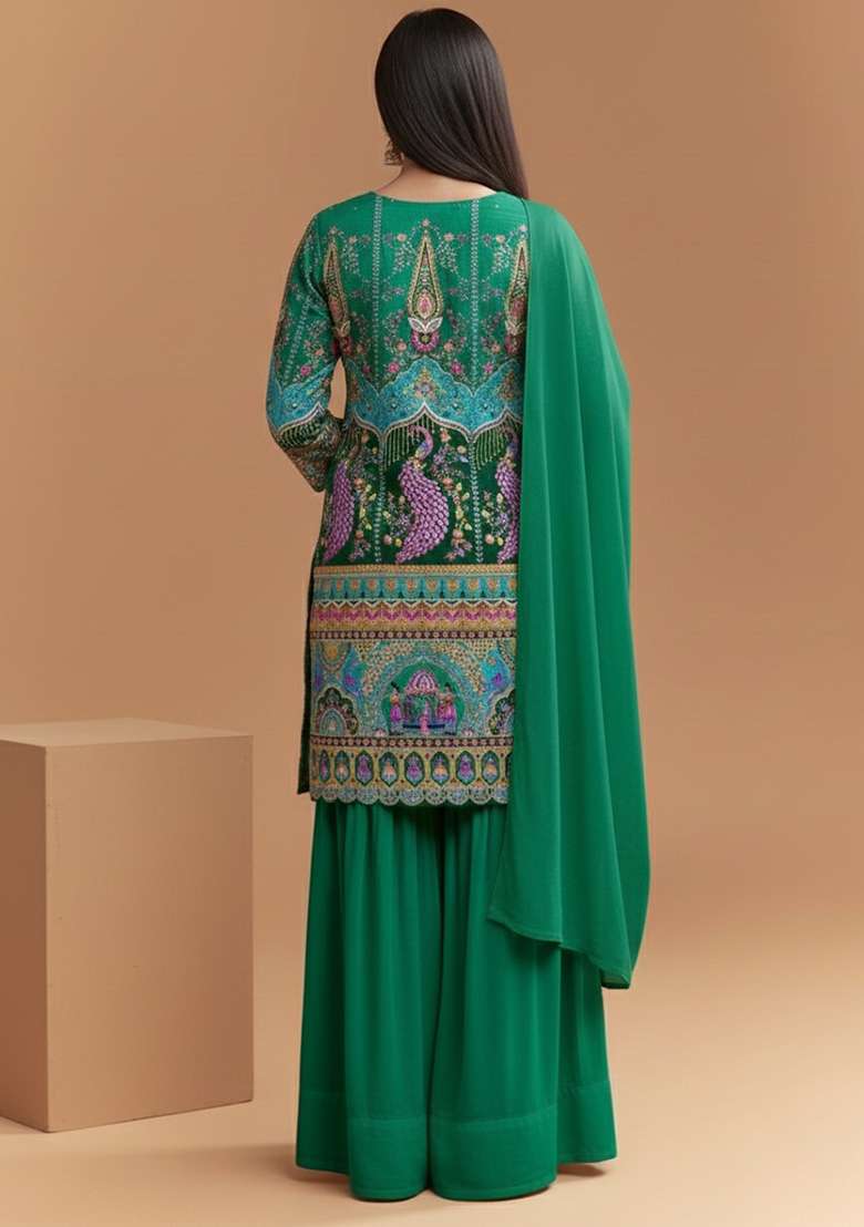 Emerald Green Figure Print Crepe Sharara Set - Indya