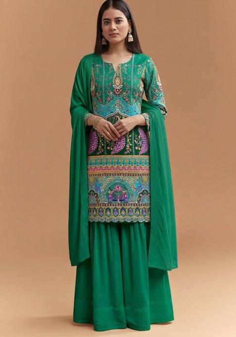 Emerald Green Figure Print Crepe Sharara Set