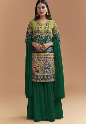 Bottle Green Figure Print Crepe Sharara Set