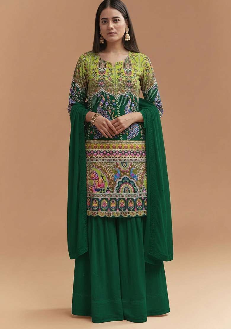 Bottle Green Figure Print Crepe Sharara Set - Indya