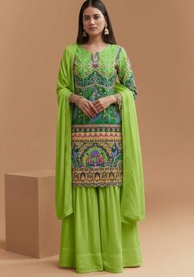 Lime Green Figure Print Crepe Sharara Set