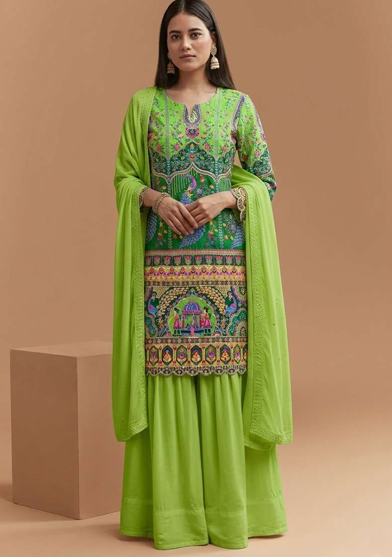 Lime Green Figure Print Crepe Sharara Set - Indya