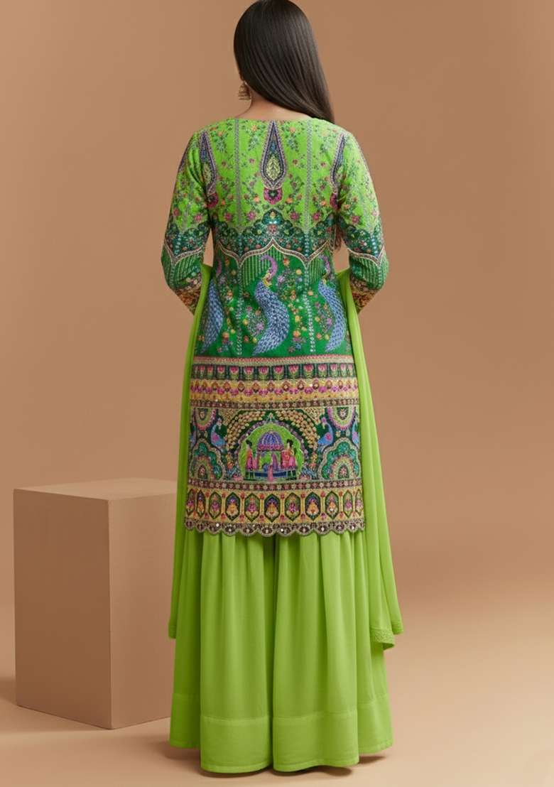 Lime Green Figure Print Crepe Sharara Set - Indya