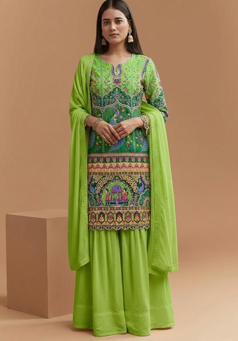Lime Green Figure Print Crepe Sharara Set
