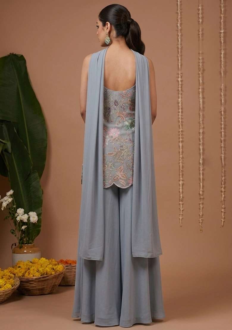 Powder Blue Floral Print Crepe Sharara Set - Indya
