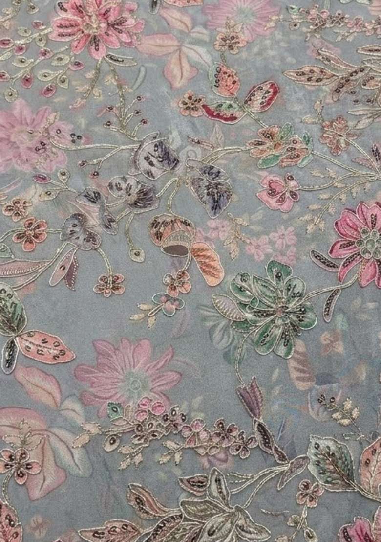 Powder Blue Floral Print Crepe Sharara Set - Indya