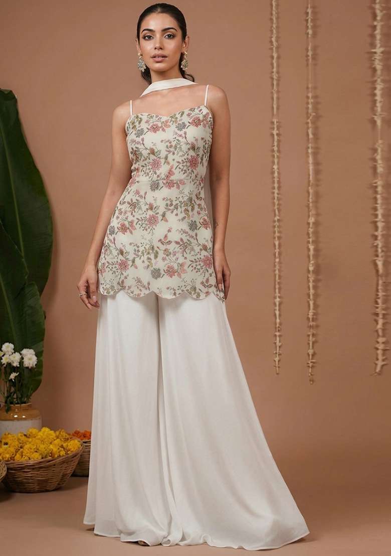 White Floral Print Crepe Sharara Set - Indya
