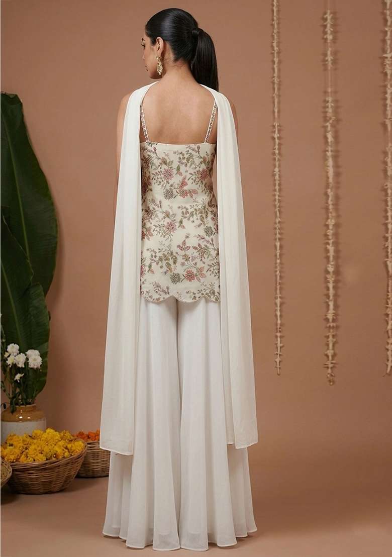 White Floral Print Crepe Sharara Set - Indya