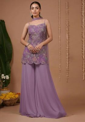 Lavender Floral Print Crepe Sharara Set