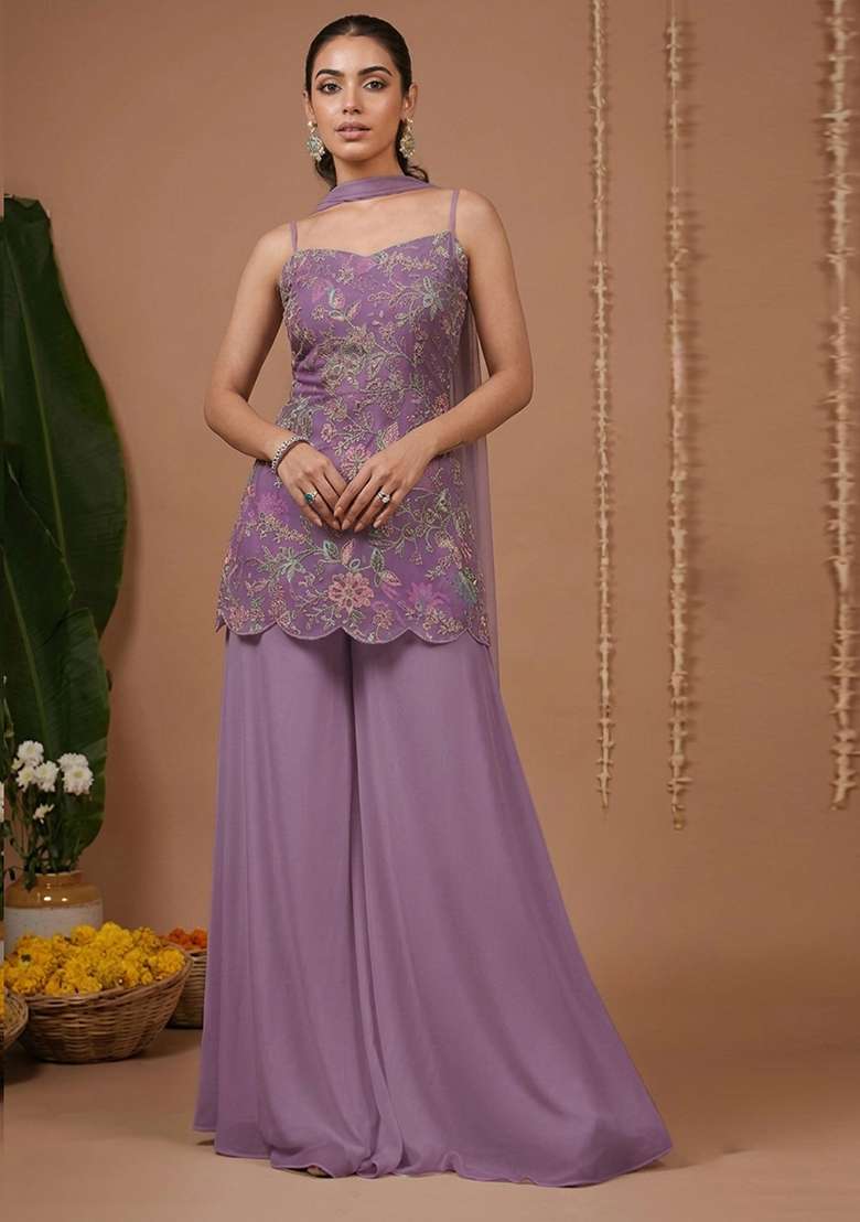 Lavender Floral Print Crepe Sharara Set - Indya