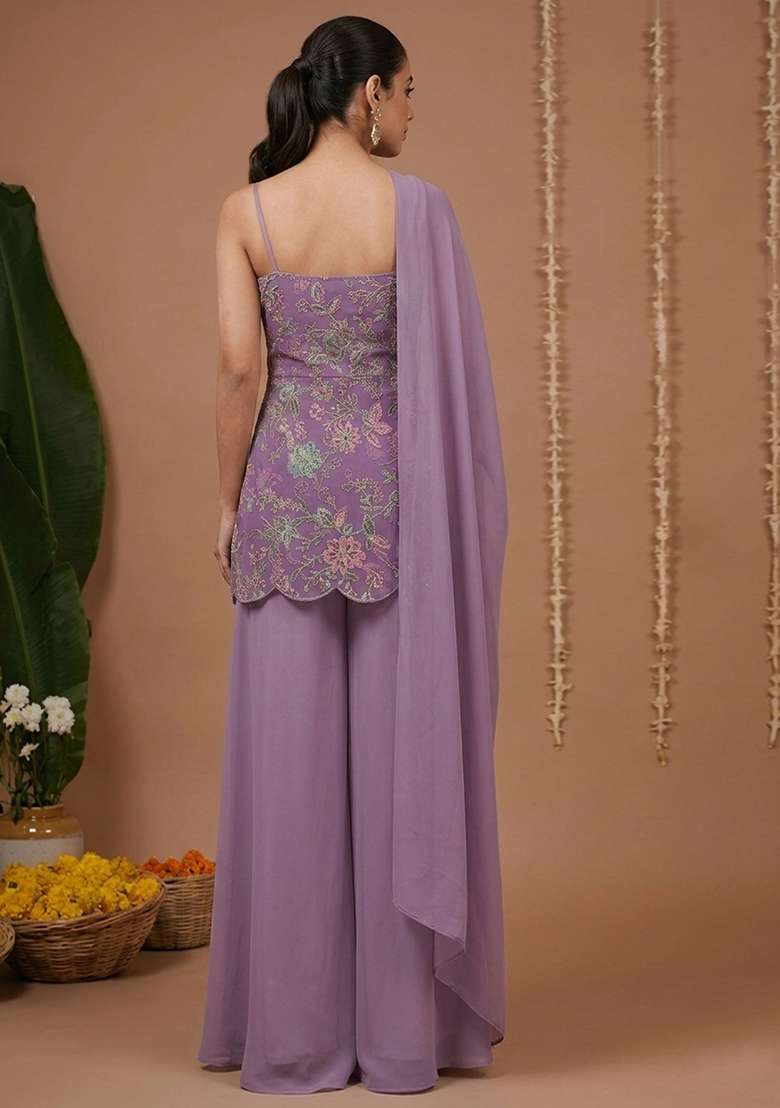 Lavender Floral Print Crepe Sharara Set - Indya