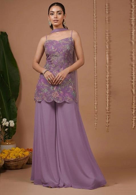 Lavender Floral Print Crepe Sharara Set
