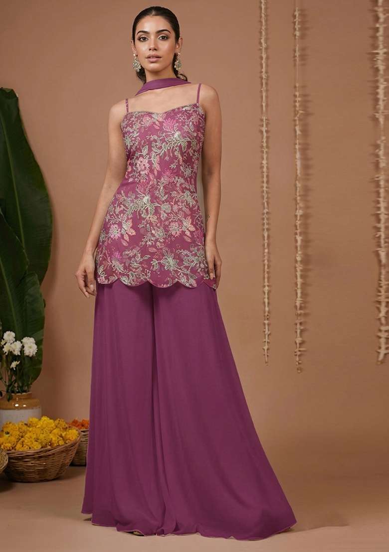 Purple Floral Print Crepe Sharara Set - Indya
