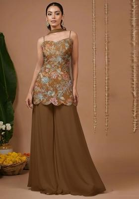 Brown Floral Print Crepe Sharara Set
