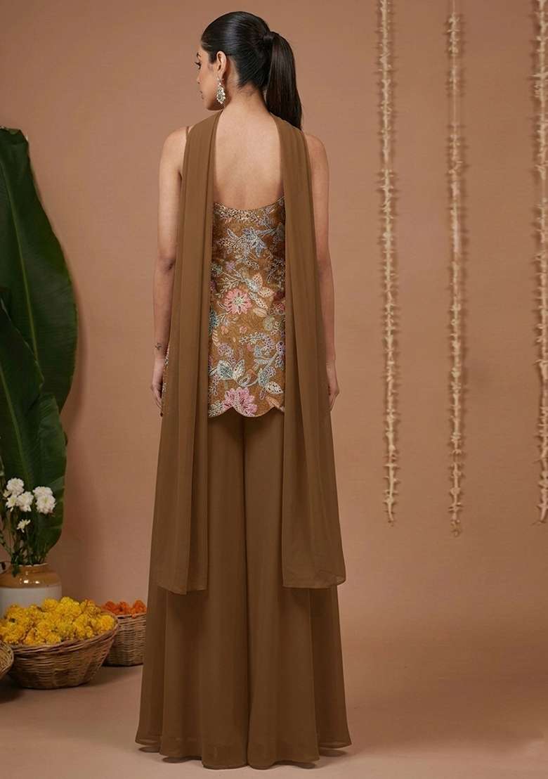 Brown Floral Print Crepe Sharara Set - Indya