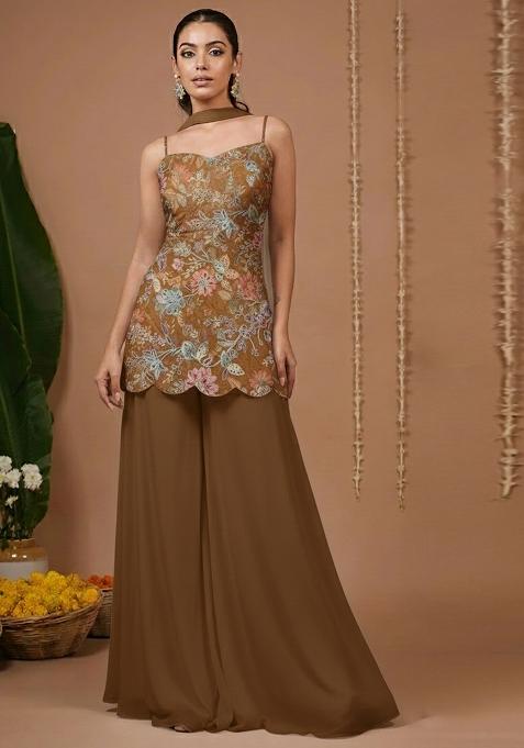 Brown Floral Print Crepe Sharara Set